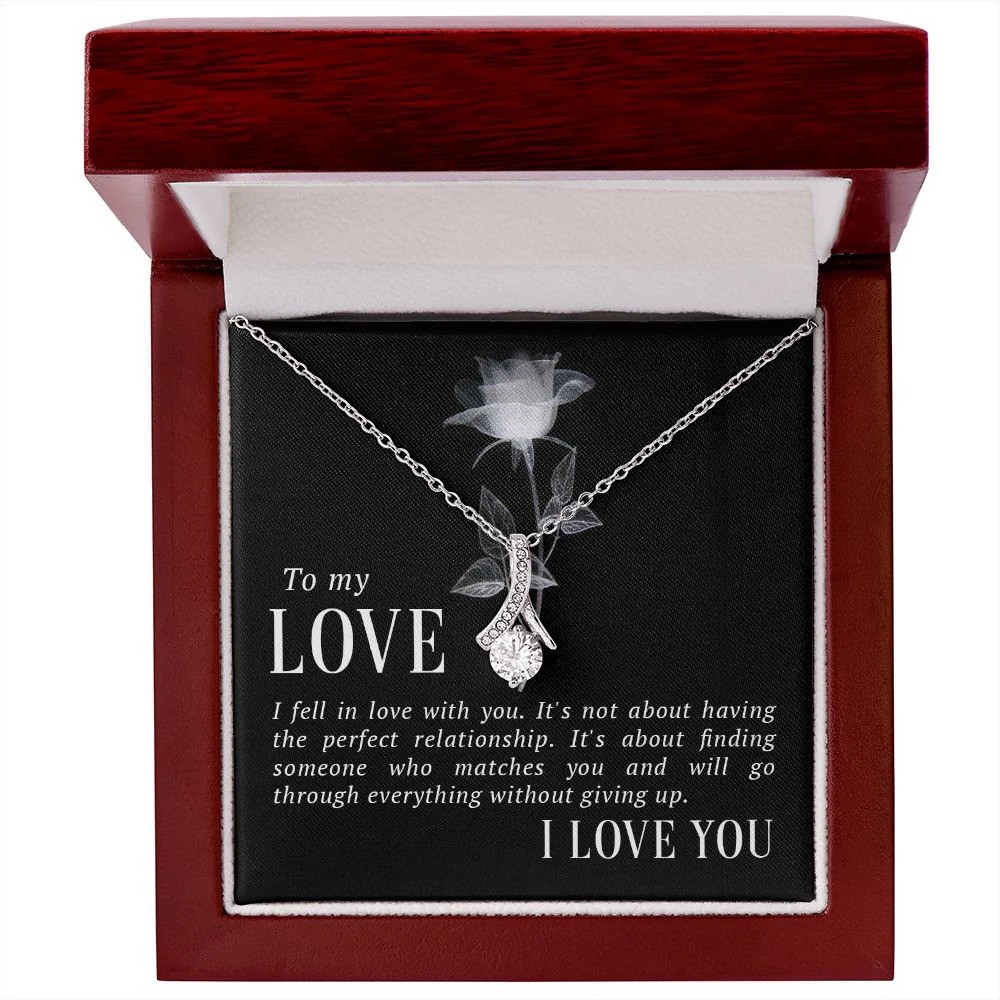 To My Love I Fell in Love Ribbon Necklace Silver Tone Luxury Box